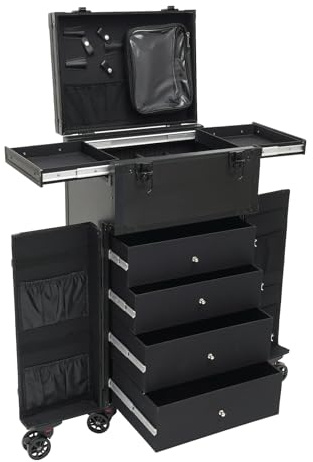 Professional Makeup Case, Portable Beauty Organiser, Beauty Box On Wheels, Artist Vanity Box with 4 Drawers, Lockable Rolling Makeup Case, 30kg Capacity
