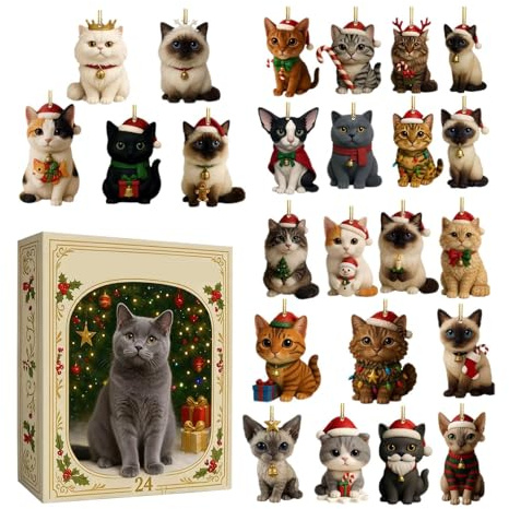 Adventskalender für Katzen - Adventskalender 2024 mit 24 2D-Acryldekorationen mit Thema | Weihnachtsdekoration für Zuhause, Büro und Wohnzimmer | Geschenkidee