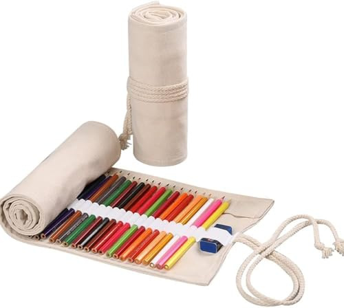 Ymhapp Federmäppchen mit großem Fassungsvermögen, Leinen, 36 Fächer, Stifteetui, Rollenhalter für Buntstifte, natürliche Farbe, Stifte und Marker