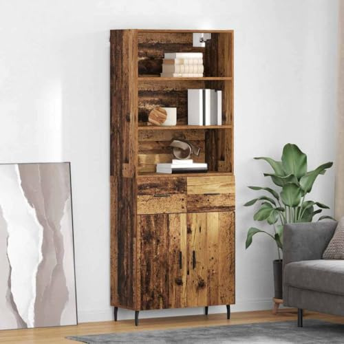 Tonture Highboard Altholz Optik 69,5x34x180 cm, Modernes Sideboard aus Holzwerkstoff, Glasvitrine für Wohnzimmer, Esszimmer, Flur