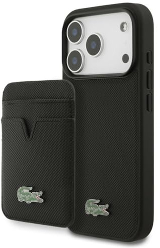 CG MOBILE Lacoste Hülle + Brieftaschen-Set Iconic Petit Pique kompatibel mit MagSafe für iPhone 17 Pro (Schwarz)