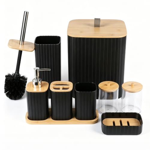 EXLECO 9 Pcs Badezimmer Set, Kunststoff + Bambus Bad Organizer Schwarz | WC Garnitur, Toilettenbürste, 2 Wattestäbchen Behälter , WC Mülleimer, Seifenspender, Zahnputzbecher, Tablett, Seifenschale