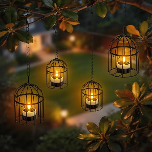 SoulBay Laternen mit Solar Teelichter Outdoor Wasserdicht für Außen 4er Set | Solar Kerzen & Outdoor Laterne Solarlampen Hängend Gartenlaterne mit Haken Kette für Draußen Balkon Deko, 2 Große 2 Kleine