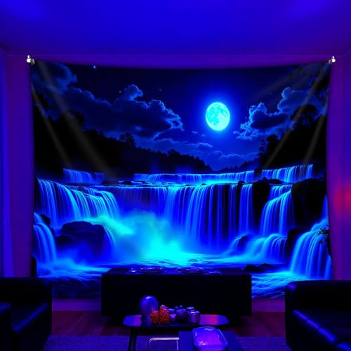 Arsey Schwarzlicht Wandteppich Wasserfall-Motiv, Mond Wandbehang Stoff, Aesthetic Wandtuch Deko für Wohnzimmer Schlafzimmer, Blau, 230 x 180cm