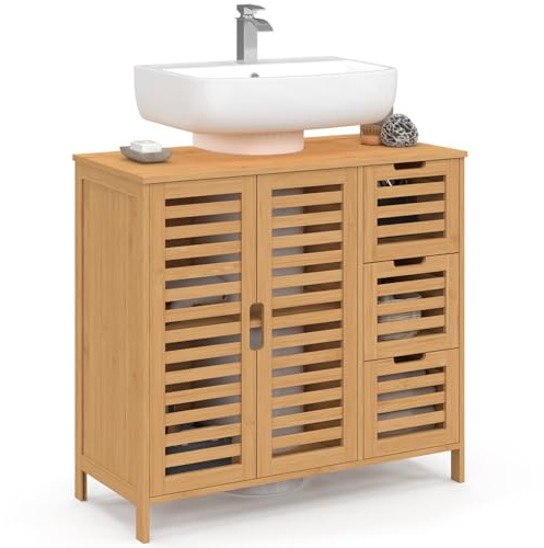 IDMarket - Meuble sous lavabo Salle de Bain Bambou BEA | Avec placard et 3 tiroirs