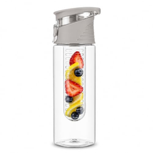 ZHOME Water Bottle Fruit Infuser 700ml BPA Free Tritan Sports Bottle with Flip Top Leak Proof Lid Reusable Infused Water Bottle for Gym Fitness Detox Hydration Office School Travel Outdoor Use (GREY)