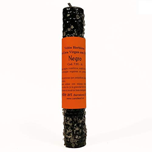 Vela Sal Marina Limpieza Espiritual. Color Negro, Cera de Abeja con Plantas. Vela esotérica ritualizada para Trabajos de Magia.