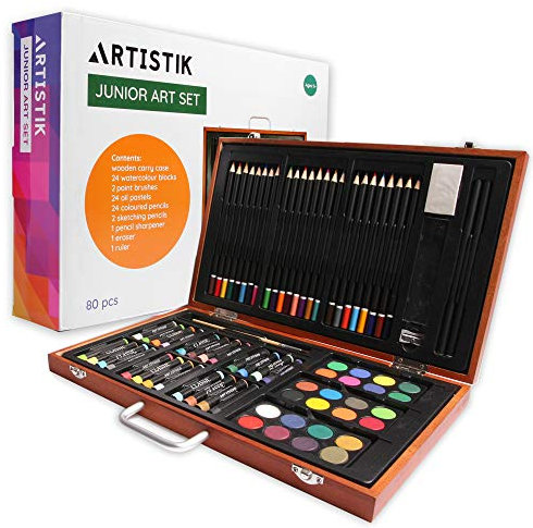 ARTISTIK Junior Art Set – 80-Piece Kids Art Set with Wooden Case for Teens and Adults – Professional Creative Watercolor Painting, Coloring, and Drawing Kit