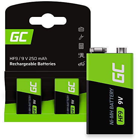 Green Cell 250mAh 9V 2 Stck Vorgeladene NI-MH 9V-Akkus - Akkubatterien HF9 9-V-Zellen, sofort einsatzbereit, geringe Selbstentladung, wiederaufladbare Akku Batterie, ohne Memory-Effekt