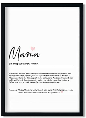 Urhome Kunstdruck Definition Mama mit Bilderrahmen Schwarz in DIN A4 - Worterklärung wie im Duden Lexikon Wandbild Wanddeko mit Spruch Holz Rahmen für Wohnung Familie Freunde Geschenk