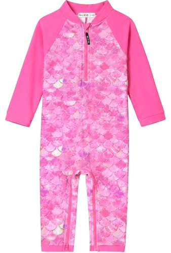 weVSwe Costume da Bagno per Bambini UPF 50+ Protezione Solare Tessuto Riciclato Neonata Un Pezzo Manica Lunga Rash Guard Rose Red Squame di Pesce 12-18 Mesi