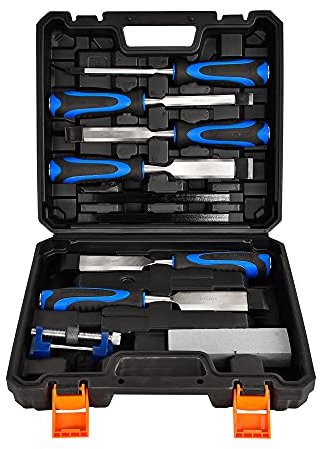 10pc Wood Chisel Set, 6pcs Wood Chisel with 1 Honing Guide, 1 Sharpening Stone and 2 Carpenter Pencils, Heat-Treated CR-V Blades for Home DIY