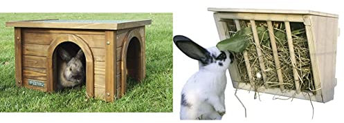 Kerbl Nagerhaus für Kanninchen, 82852 & Heuraufe für Kaninchen (Raufe aus Holz, mit Sitzbrett, verhintert Verunreinigung und Verleztungen durch Hineinhüpfen ins Heu, für Hasenstall, 25x17x20 cm) 84405