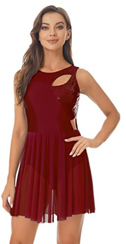 iiniim Damen Ballettkleid Glitzer Eiskunstlauf Kleider mit Pailletten Ärmellos Ballerina Latein Tanzkleid Trikotanzug Leotard Wettbewerb Tanzkostüm Weinrot S