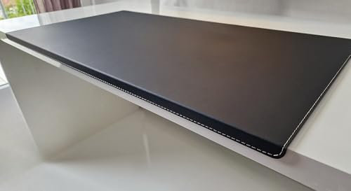 Gewinkelte Schreibtischunterlage mit Kantenschutz Echt Leder Schwarz mit grauer Naht 90cm x 48cm Echt Nappaleder glatt. Ohne Mousepad