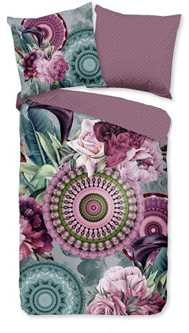 Traumschloss Satin Bettwäsche »Bandhura«, Mandalas und Blumen in schönen Mint-und rosatönen, 155x220 & 80x80, 100% Baumwolle, atmungsaktiv & weich, mit Reißverschluss, Kissen und Bettbezug
