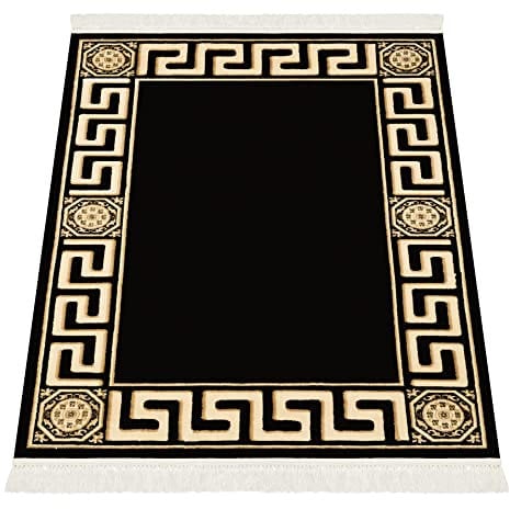 Belle Arti Premium Mäander Teppich Wohnzimmer Schlafzimmer Kurzflor in Schwarz Gold - handgeküpfte Fransen Mäander Bordüre Antirutsch Antiallergisch Seidenglanz 100% Viskose - schwarz, 100x140 cm