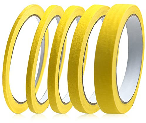 Lot de 5 rouleaux de ruban de masquage jaune - Ruban de masquage pour peintres - 3/5/7/10/15 mm de large - 20 m de large - Ruban de masquage inscriptible pour peinture et décoration