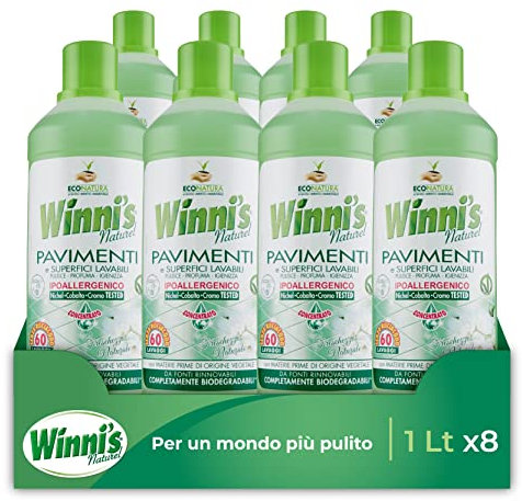Winni's - Detersivo Pavimenti e Superfici Ipoallergenico, 320 Lavaggi, Formula Concentrata ad Azione Igienizzante, Fragranza Aloe Vera, Senza Risciacquo, Materie Prime di Origine Vegetale, 1000 ml x 8 Confezioni
