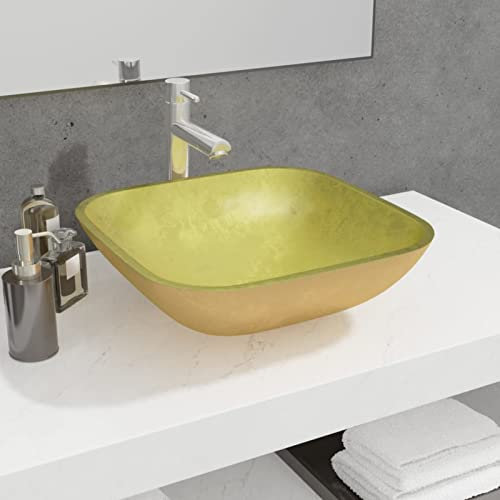 XIAOGUANG Waschbecken, Aufsatzwaschbecken, Waschtisch, Aufsatzwaschtisch, Wash Basin, Badmöbel, Bathroom Sink, Glas 42x42x14 cm Gold