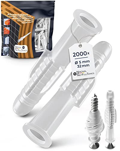 2000 Craftsman Economy Set Tasselli decorativi da 5 mm per viti da 3,5-4 mm Tasselli multiuso per tutti i materiali da costruzione Tasselli universali per cemento pietra mattoni, cartongesso, muratura