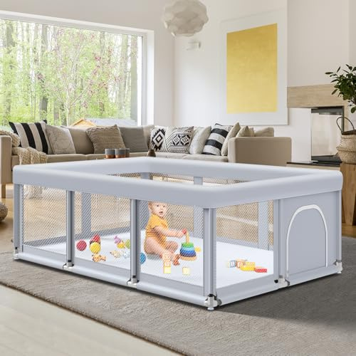 Fshibila 74 ×50 Large Baby Playpen, Baby Playard for Babies and Toddlers, Baby Fence Play Pens for Indoor & Outdoor, Sturdy Safety Play Yard with Soft Breathable Mesh, Anti-Fall, Grey