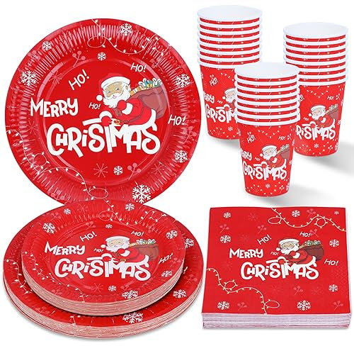 ZVK Vaisselle de fête de Noël, Serviettes Jetables, Gobelets en papier, Assiettes à dessert Lot de 96 Père Noël Vaisselle Set Merry Christmas