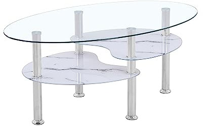 HOOZ Couchtisch Glas mit 8mm Sicherheitsglas & Facettenschliff, Glastisch perfekt geeignet als Beistelltisch, Wohnzimmertisch (98x55x42cm) (Klarglas mit Marmor weiß Ablage)