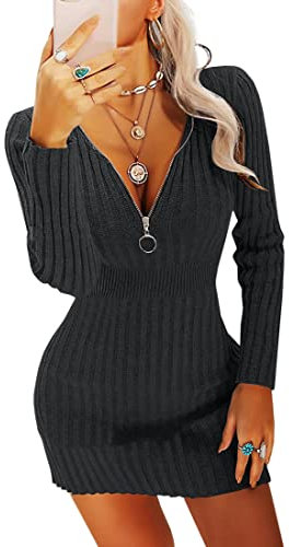 Ebifin Damen Strickkleid Elegant Pulloverkleid V-Ausschnitt Strickpullover Sexy Bodycon Winterkleid Minikleid Mit Reißverschluss.Schwarz.L