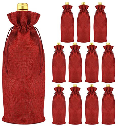 jijAcraft Sac à Vin à Cordon Réutilisable 36x16cm, 12PCS Rouge Sac Cadeau Vin en Toile de Jute, Sac à Vin avec Cordon de Serrage, pour Mariage Noël