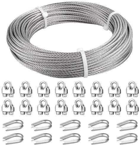 Fshihine Stahlseil 5mm, 30M 304 Edelstahl Drahtseil, 7x19 Litzenkern Stahlseil mit M5 Kabelklemmen & Fingerhut,1600kg Bruchfestigkeit, Drahtseil Set für Außen, Garten, Geländer