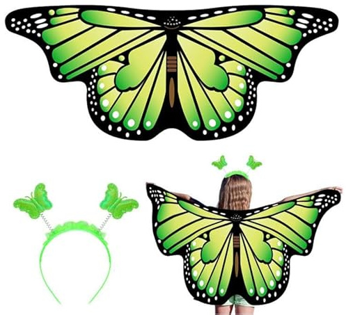 AffeGifts Kids Butterfly Wings Cape, Butterfly Fairy Wings with Headband Kids Butterfly Cloak Costume Butterfly Dress Up for Girls Fancy Dress Party Play Party Favor 3-6 Years Old (Green)