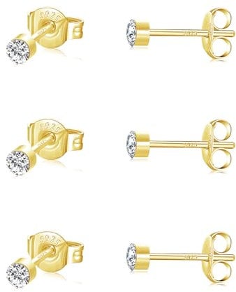 SNORSO 3 Pairs 2mm Silver 14K Gold Stud Earrings Set for Women Men Girls,Hypoallergenic Tiny Small Round Cubic Zirconia Stud Earrings for Kids,Cartilage Sleeper Studs Earrings for Multiple Piercings