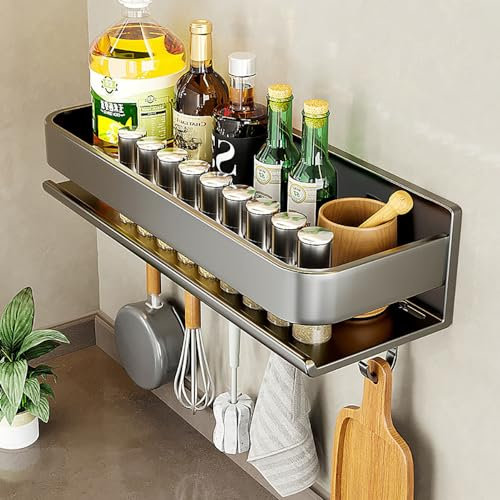 LNGFSH Portaspezie da Parete Mensola Acciaio al Carbonio Porta Spezie per Cucina con 5 Ganci Supporto per Spezie Mensola Organizer con Forte Adesivo di Montaggio e Viti (40cm,Grigio)