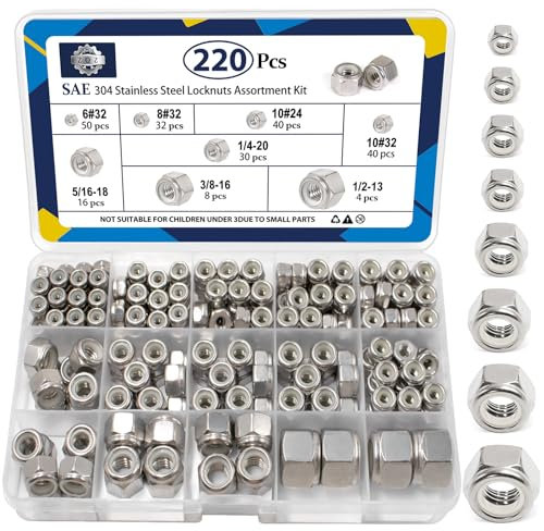 ZQZ 220 Pack SAE Nylon Insert Locknuts Assortment Kit,6#32 8#32 10#24 10#32 1/4-20 5/16-18 3/8-16 1/2-13 Nylock Nuts Sets,304 Stainless Steel Standard Inch Thread Lock Nuts for Bolt