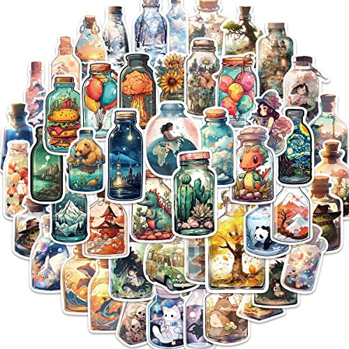 Ästhetisches Aufkleber-Set - 50 Vintage Welt in einer Flasche Aufkleber für Koffer, Skateboard, Laptop, Wasserflaschen, Auto - Wasserfestes Cartoon Vinyl für ein einzigartiges Scrapbooking-Erlebnis