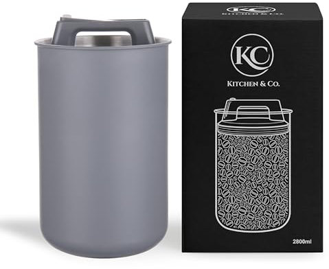KC Kitchen & Co. Lata de café hermética para 1 kg de granos de café, de acero inoxidable, con tapa al vacío y tapón aromático, lata de almacenamiento para café, té, azúcar, cereales, color gris (2800