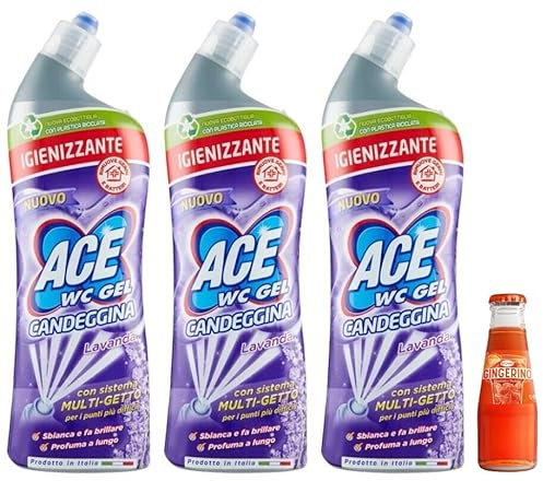 3x ACE Wc Gel con Candeggina Lavanda, detergente per WC con sistema multigetto,700ml +1x Gingerino Recoaro Aperitivo Italiano 10cl IN OMAGGIO