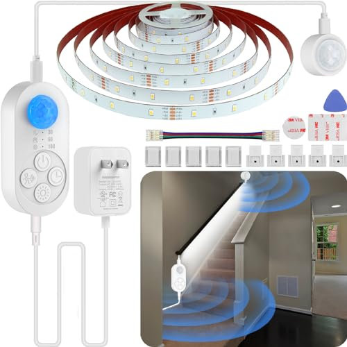 Dual Sensor Stair Lights Indoor: Plug-in Motion Activated LED Step Light Strip with Double Motion Sensors, Dimmer, and Timer for Stairways, Bedrooms, Corridors - Cold White 6000K, 16.4FT, 150 LEDs