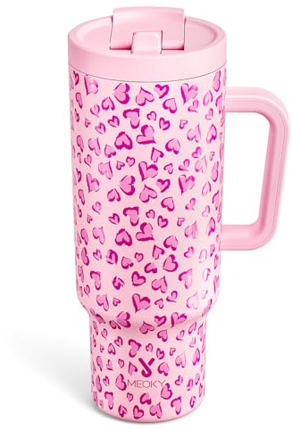 Meoky 40 oz Tumbler with Handle and Flip Straw, 100% Leakproof Tumbler with Lid and Straw, Stainless Steel Insulated Cup, Cupholder Friendly, Keeps Cold for 34 Hours (Love)