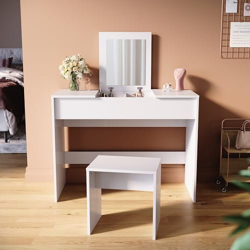 SUNXURY Schminktisch, Frisiertisch mit Klappspiegel, mit Hocker und Spiegel, Schminktisch und Schreibtisch 2 in 1 Design weiß 100x45x76cm