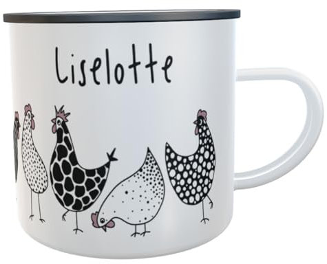 Emaille-Tasse Hühner Geschenk Dankeschön Eier Hühnerhof Kaffeebecher Huhn Leicht & Robust für Outdoor (mit Namen)