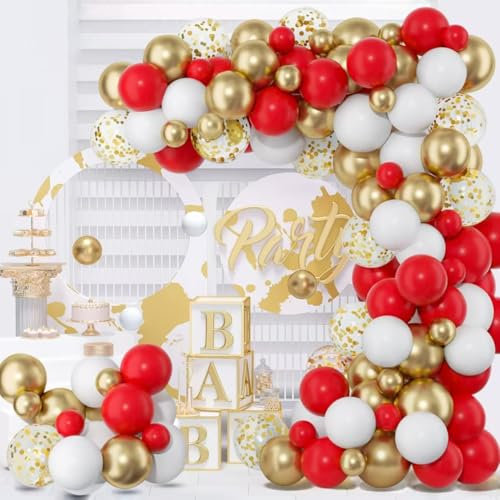 Luftballon Girlande Rot Weiß Gold, 120 Stück Ballon Girlande Rote Weiß Gold, Luftballons Matt Rot Weiss Golden Konfetti für Geburtstag Hochzeit Babyparty Valentinstag Party Dekoration
