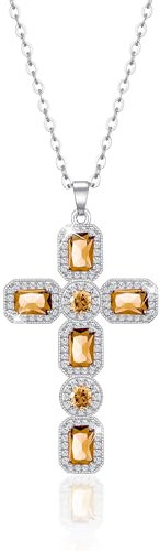 Linawe Kreuzkette Kreuz Kette Halskette Silberkette Damen, Diamant Geburtsstein Kristall Citrin Gelb Kettenanhänger Silber, Damenkette mit Kreuz Anhänger, Schmuck Kette Jewelry