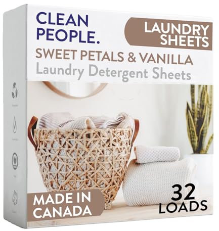The Clean People Hojas de detergente para ropa – Jabón de lavandería – Embalaje ultra concentrado, reciclable, lucha contra las manchas – pétalos dulces y vainilla, paquete de 32