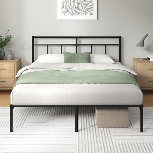 ZINUS Elias Double Bed Frame – Bed 190x135 cm – 30cm Height –Metal Bed Frame with Headboard – Platform bed frame with steel slat support – Modern Design - Easy Assembly – Black