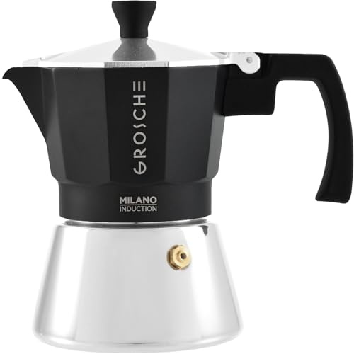GROSCHE Milano Induction Stovetop Espresso Maker Moka Pot 3 Cup (Black) | Induction Moka Pot For Gas, Electric And Induction Cooktops With Aluminum Upper Chamber, Stainless Steel Base, And Burn Guard