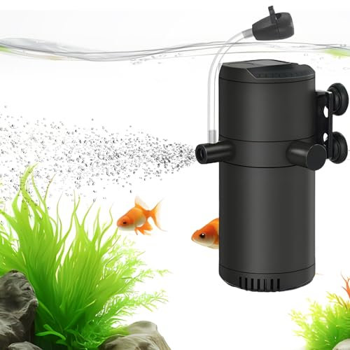 Hoquare Filtro interno para pecera, filtro de bomba sumergible 4 en 1, filtro de acuario con 2 salidas de agua, 500-800 l/h de flujo de agua ajustable para tanque pequeño (8 W)
