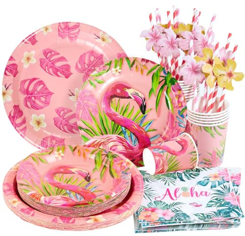 SUNBEAUTY 80 Stück Hawaii Partygeschirr, Tropischer Vogel Pappteller Kindergeburtstag mit Pappbecher Servietten Strohhalme Pappteller für Kindergeburtstag Flamingos Deko Geburtstag Dekoration