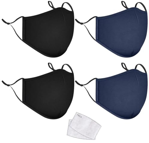 Cotton Face Masks 4 Pack | Washable & Reusable | Filter Pocket & Adjustable Straps | 3 Layer Fabric Mask with Protective Covering
